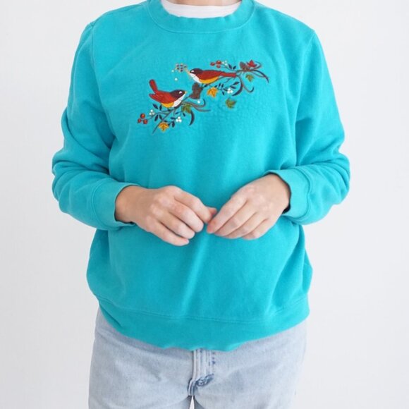 Basic Editions Teal Embroidered Birds Crewneck Sweater L - Picture 2 of 11